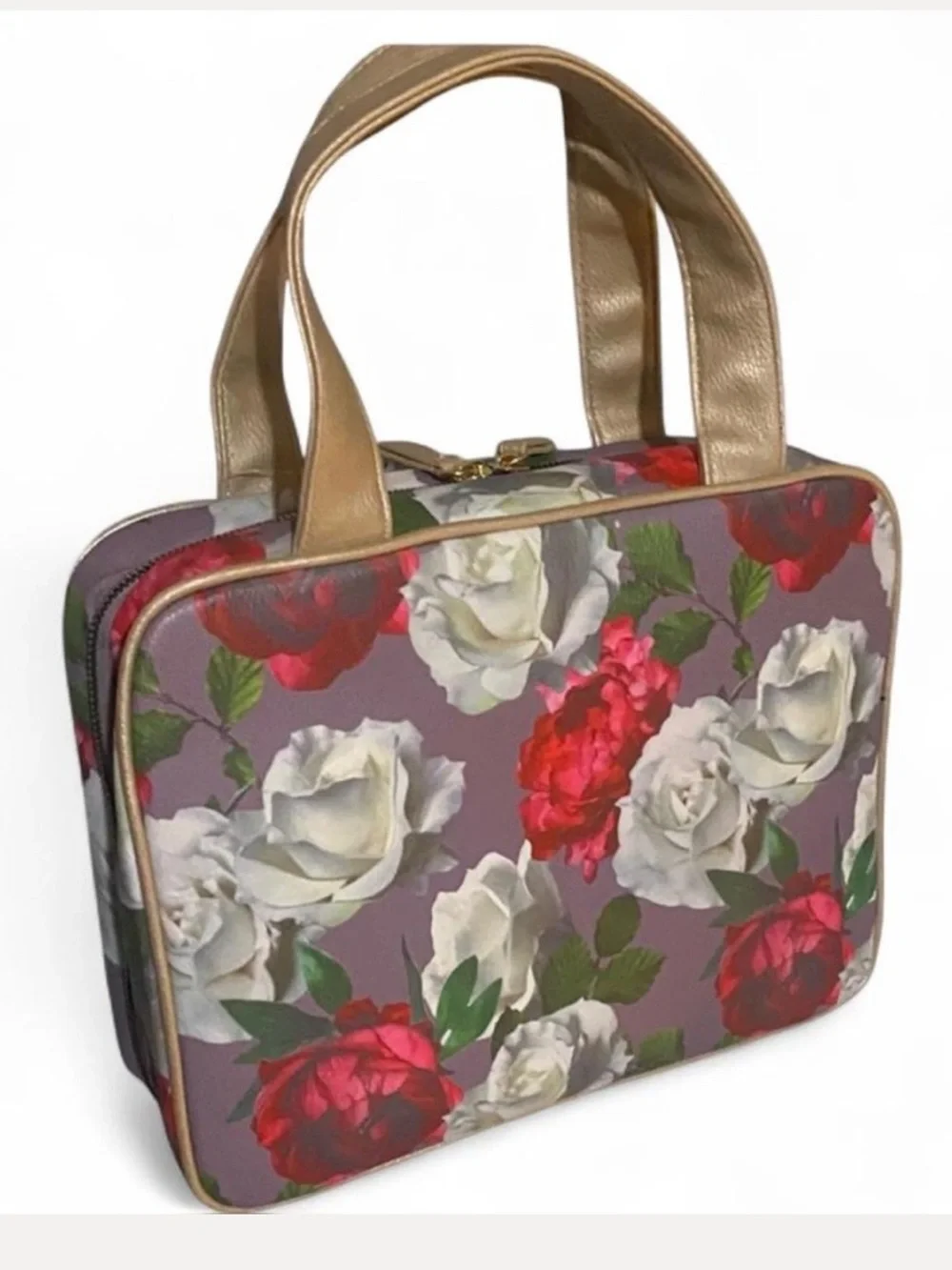 Gold and Red Cosmetic Bag with Floral Design